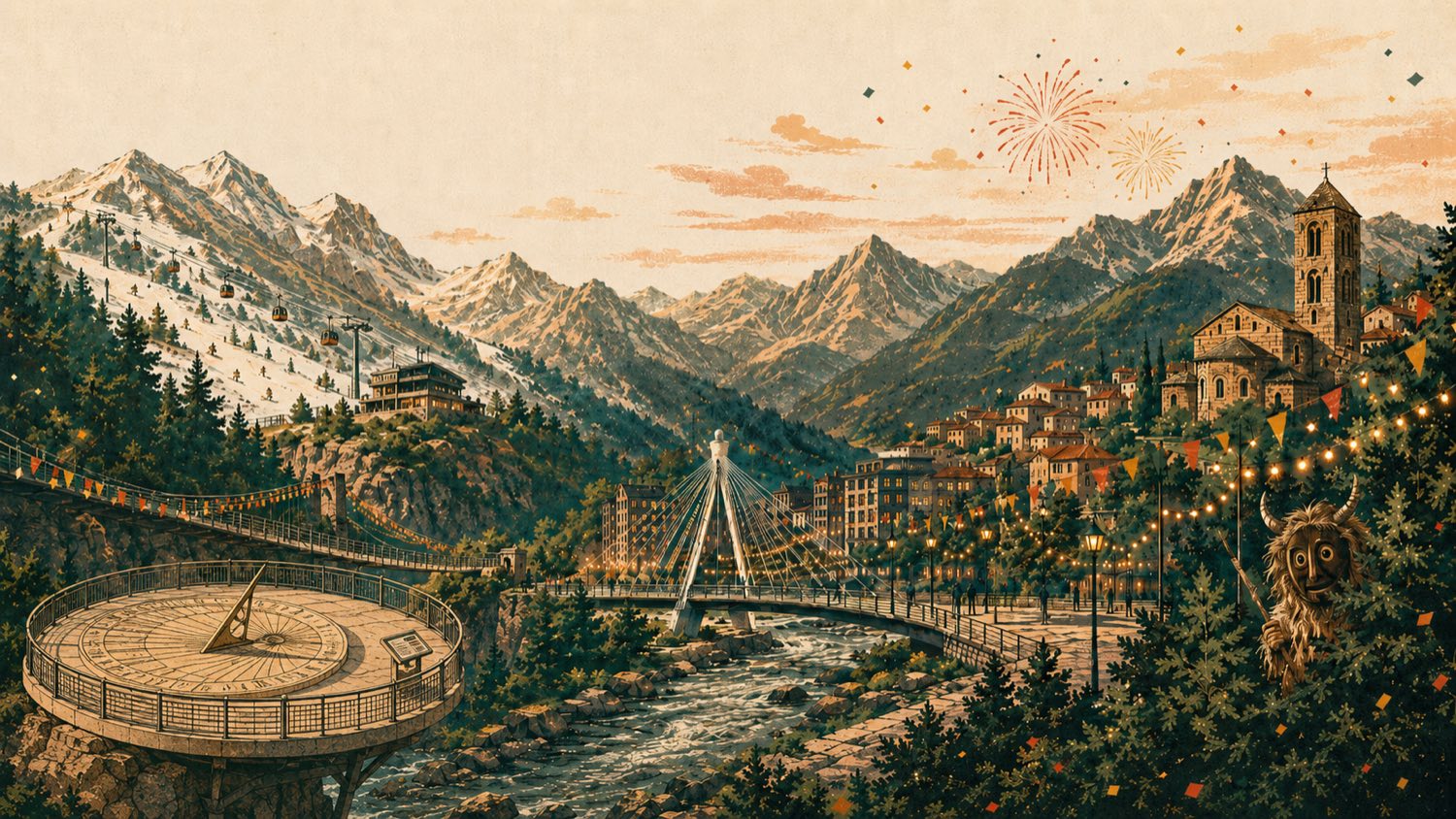 Il·lustració d'Andorra: muntanyes, campanar romànic, pont de París, mirador i festa amb llums i focs